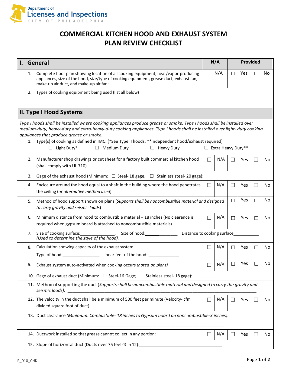 Form P_010_CHK Commercial Kitchen Hood and Exhaust System Plan Review Checklist - City of Philadelphia, Pennsylvania, Page 1