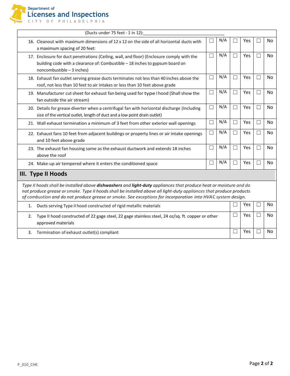 Form P_010_CHK Commercial Kitchen Hood and Exhaust System Plan Review Checklist - City of Philadelphia, Pennsylvania, Page 2