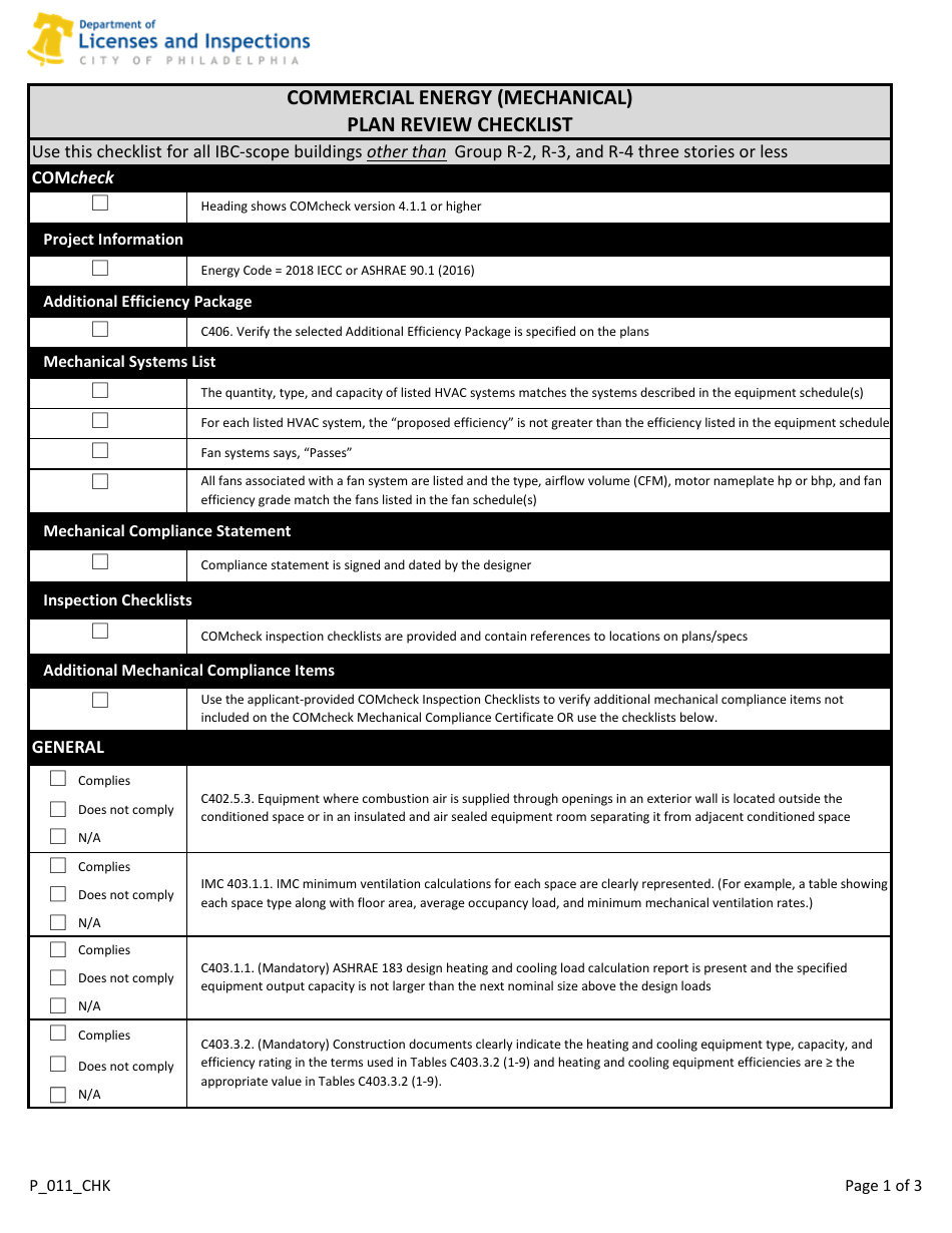 Form P_011_CHK Commercial Energy (Mechanical) Plan Review Checklist - City of Philadelphia, Pennsylvania, Page 1