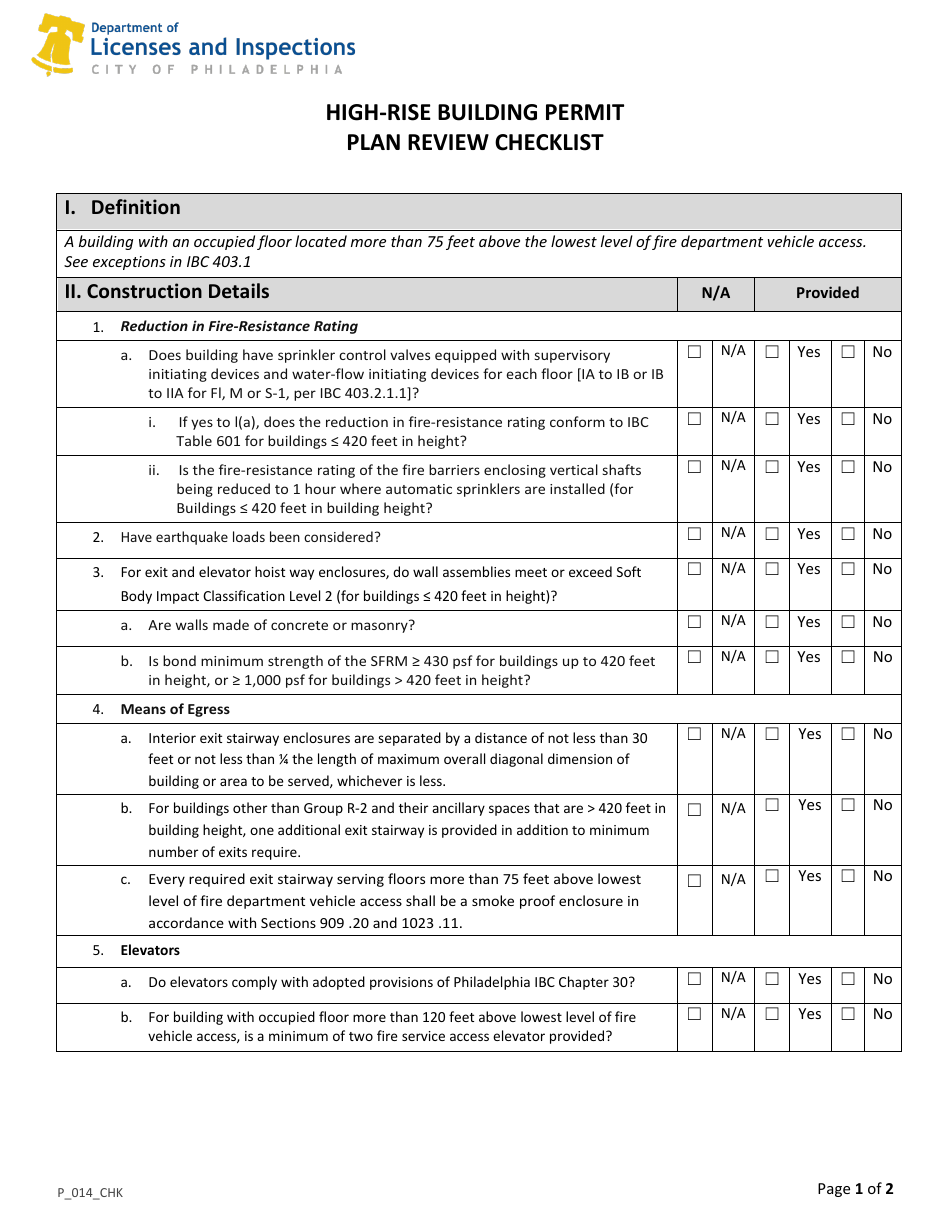 Form P_014_CHK High-Rise Building Permit Plan Review Checklist - City of Philadelphia, Pennsylvania, Page 1