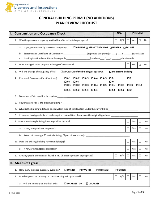 Form P_013_CHK General Building Permit (No Additions) Plan Review Checklist - City of Philadelphia, Pennsylvania