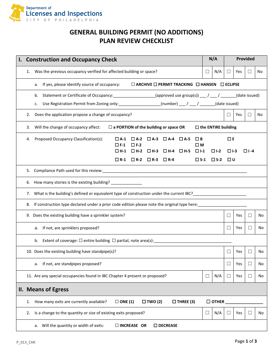 Form P_013_CHK General Building Permit (No Additions) Plan Review Checklist - City of Philadelphia, Pennsylvania, Page 1