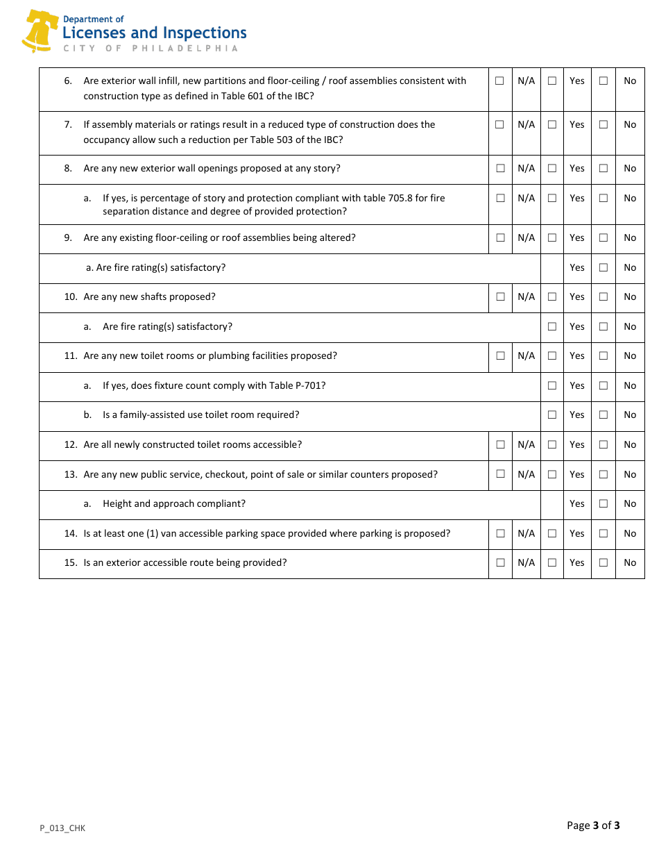 Form P_013_CHK General Building Permit (No Additions) Plan Review Checklist - City of Philadelphia, Pennsylvania, Page 3