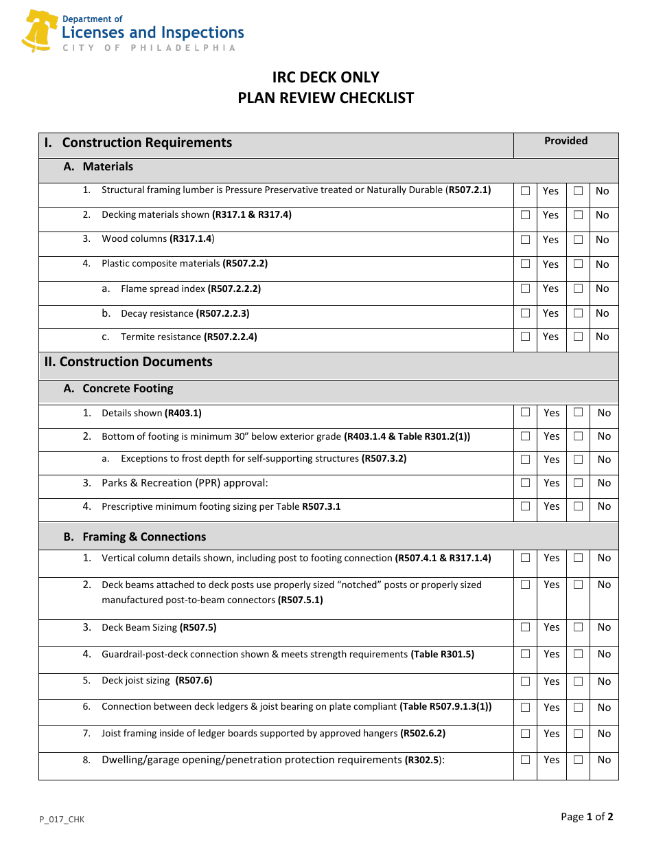 Form P_017_CHK IRC Deck Only Plan Review Checklist - City of Philadelphia, Pennsylvania, Page 1