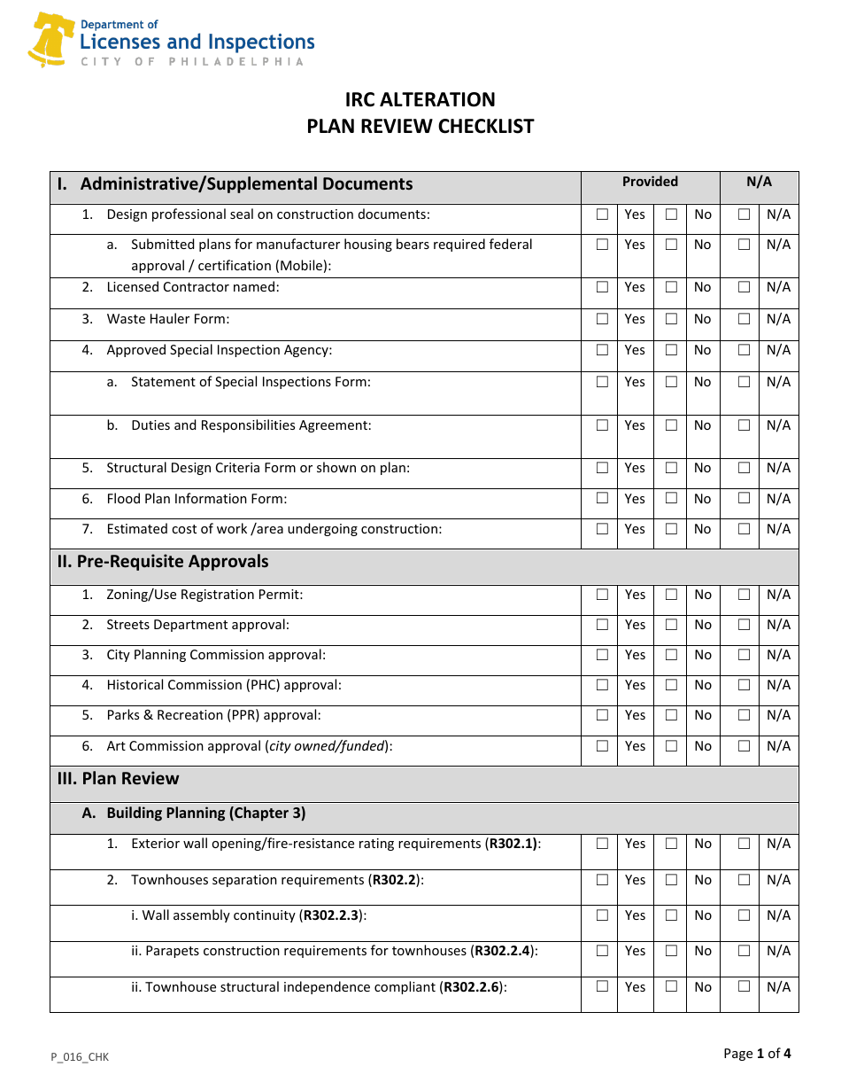Form P_016_CHK IRC Alteration Plan Review Checklist - City of Philadelphia, Pennsylvania, Page 1