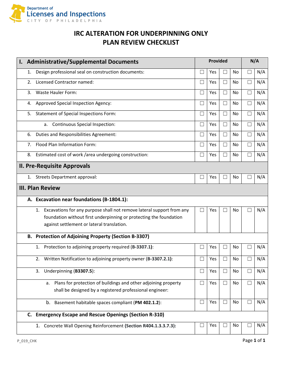 Form P_019_CHK IRC Alteration for Underpinning Only Plan Review Checklist - City of Philadelphia, Pennsylvania, Page 1