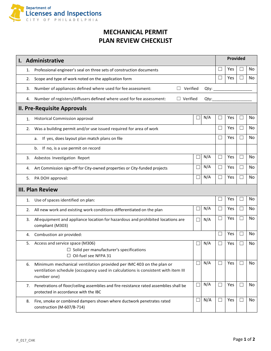 Form P_017_CHK Mechanical Permit Plan Review Checklist - City of Philadelphia, Pennsylvania, Page 1