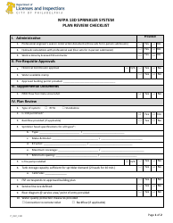 Form P_022_CHK NFPA 13d Sprinkler System Plan Review Checklist - City of Philadelphia, Pennsylvania