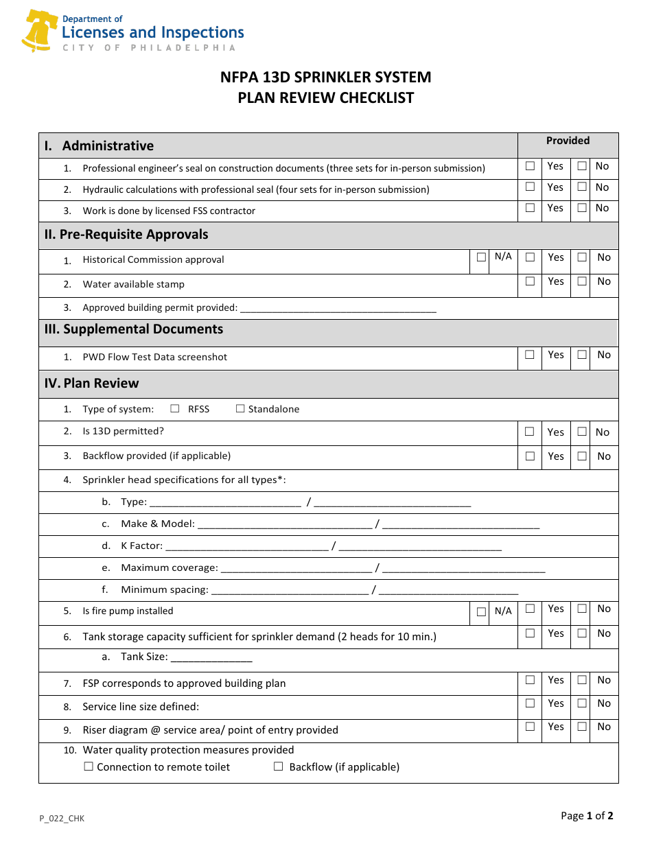 Form P_022_CHK NFPA 13d Sprinkler System Plan Review Checklist - City of Philadelphia, Pennsylvania, Page 1