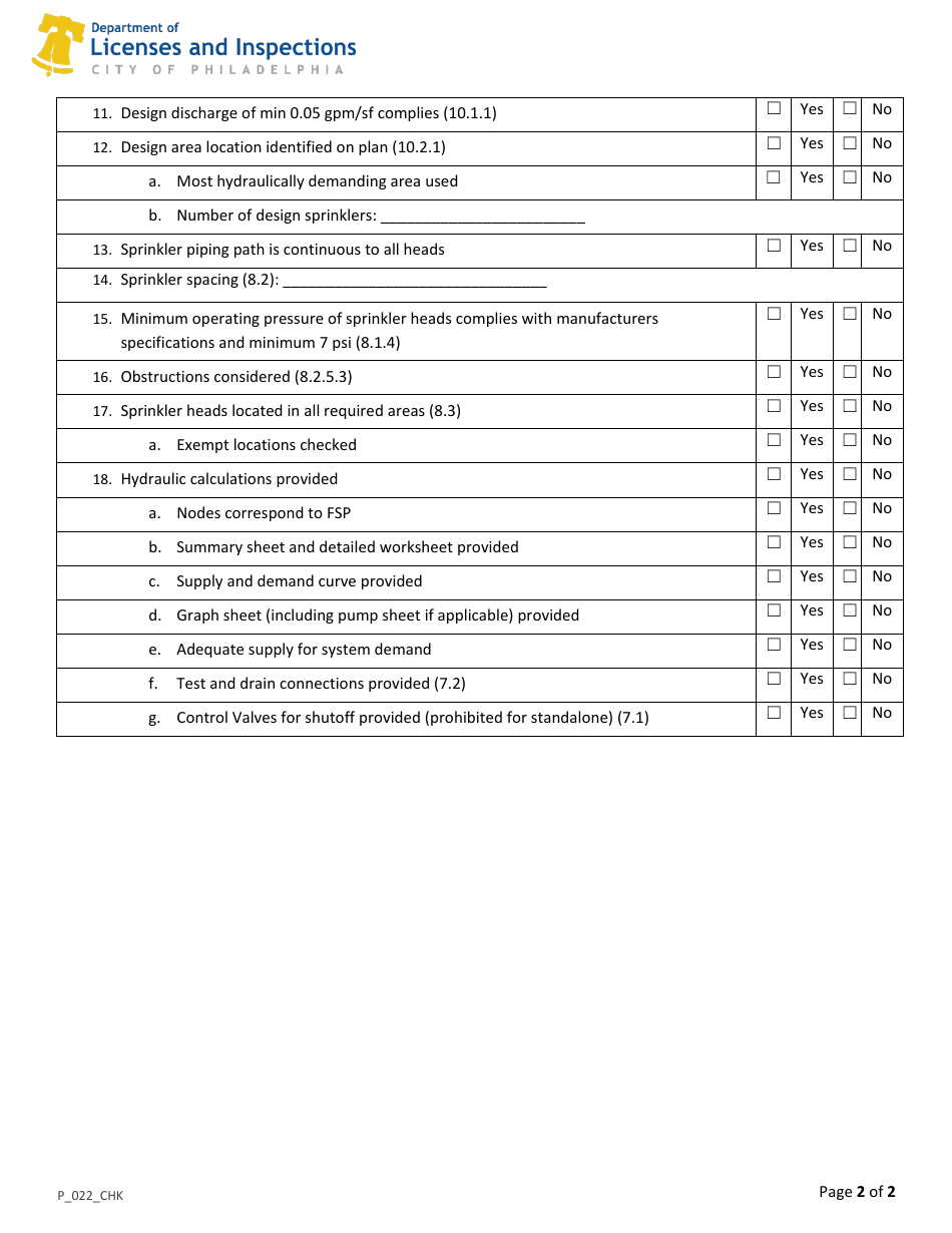 Form P_022_CHK NFPA 13d Sprinkler System Plan Review Checklist - City of Philadelphia, Pennsylvania, Page 2