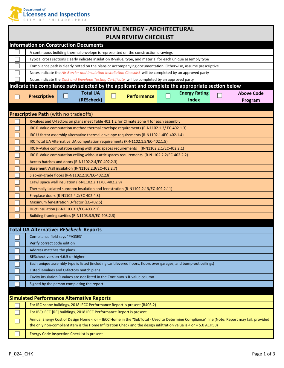 Form P_024_CHK Residential Energy - Architectural Plan Review Checklist - City of Philadelphia, Pennsylvania, Page 1