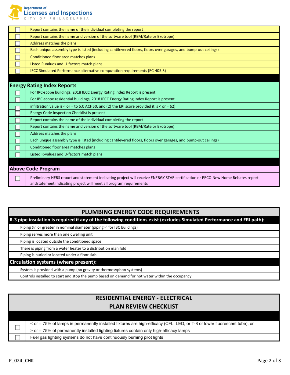 Form P_024_CHK Residential Energy - Architectural Plan Review Checklist - City of Philadelphia, Pennsylvania, Page 2