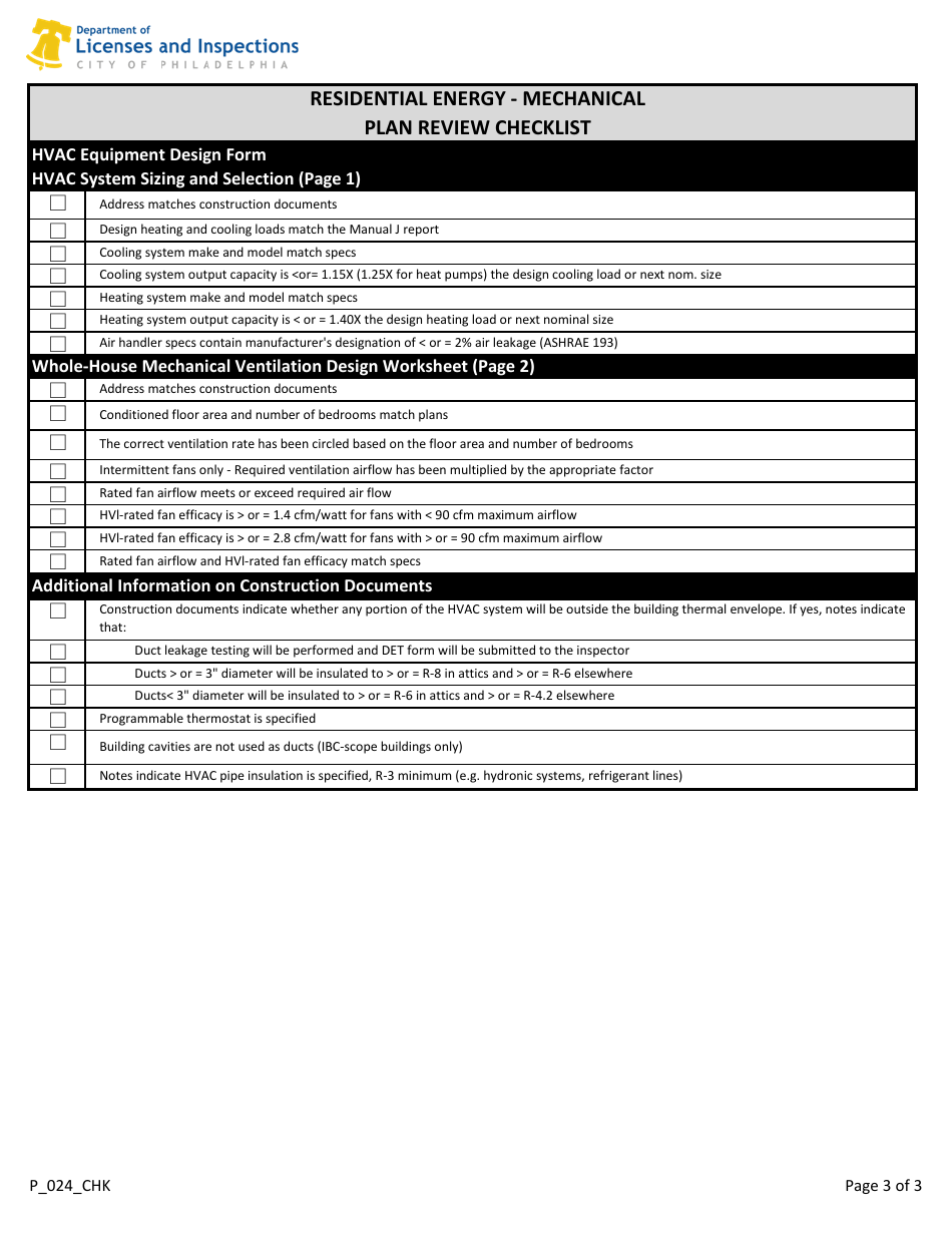 Form P_024_CHK Residential Energy - Architectural Plan Review Checklist - City of Philadelphia, Pennsylvania, Page 3