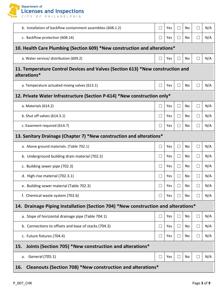 Form P_007_CHK 2018 Plumbing Code Plan Review Checklist - City of Philadelphia, Pennsylvania, Page 3