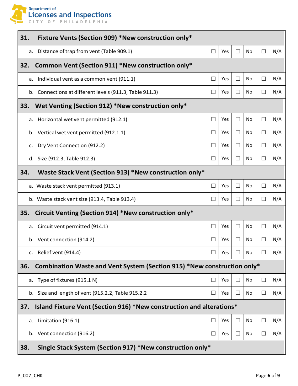 Form P_007_CHK 2018 Plumbing Code Plan Review Checklist - City of Philadelphia, Pennsylvania, Page 6