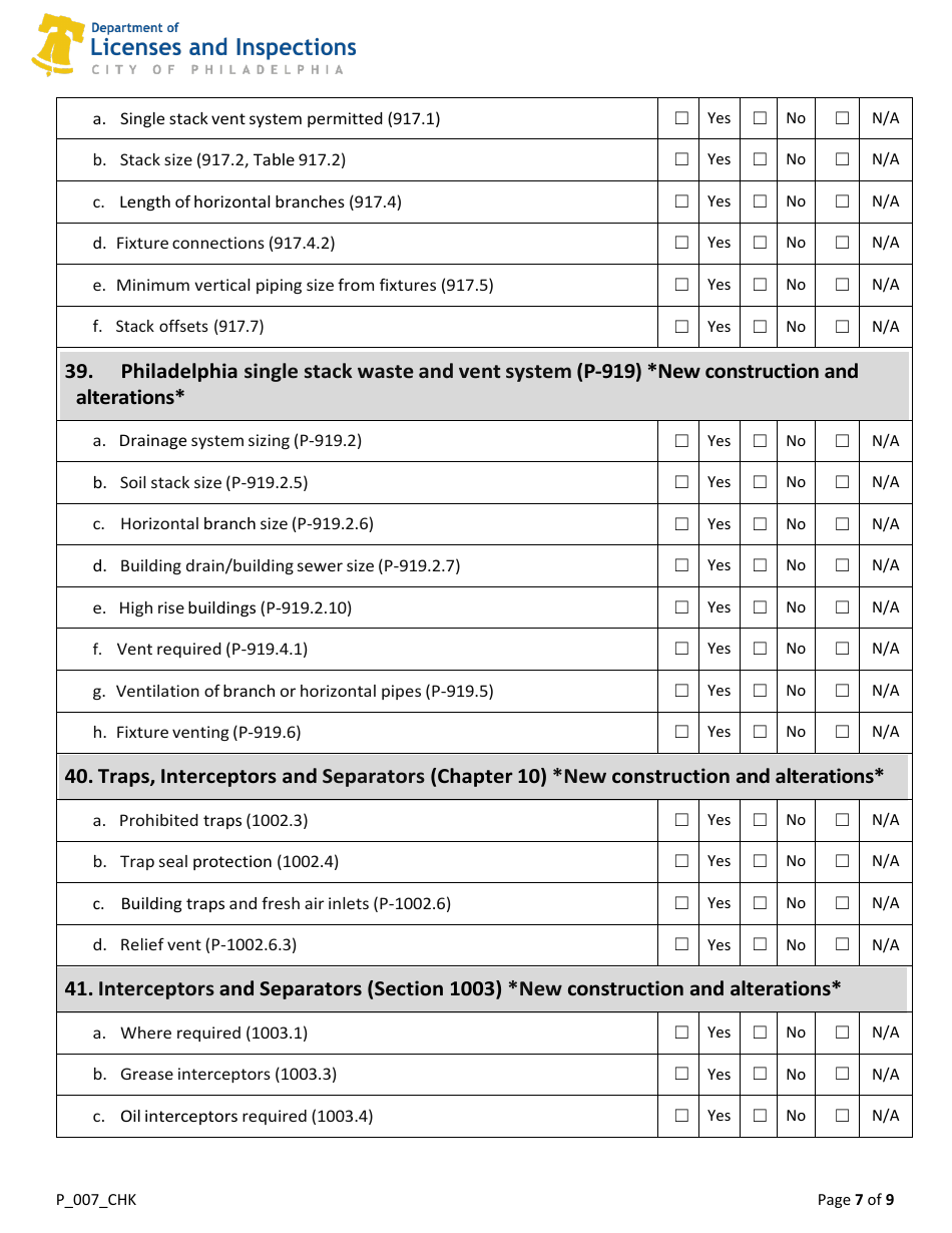 Form P_007_CHK 2018 Plumbing Code Plan Review Checklist - City of Philadelphia, Pennsylvania, Page 7