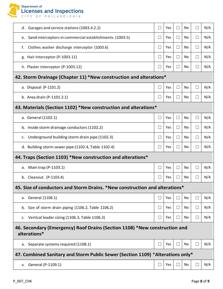 Form P_007_CHK 2018 Plumbing Code Plan Review Checklist - City of Philadelphia, Pennsylvania, Page 8
