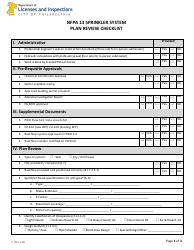 Form P_021_CHK NFPA 13 Sprinkler System Plan Review Checklist - City of Philadelphia, Pennsylvania