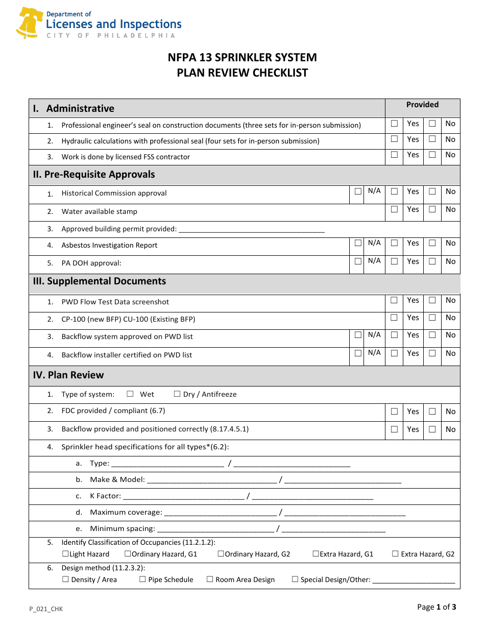 Form P_021_CHK NFPA 13 Sprinkler System Plan Review Checklist - City of Philadelphia, Pennsylvania, Page 1