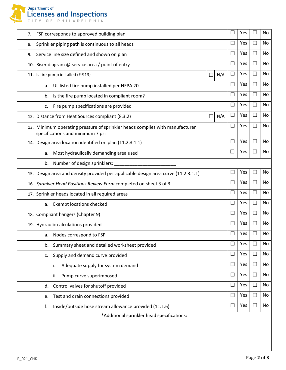Form P_021_CHK NFPA 13 Sprinkler System Plan Review Checklist - City of Philadelphia, Pennsylvania, Page 2
