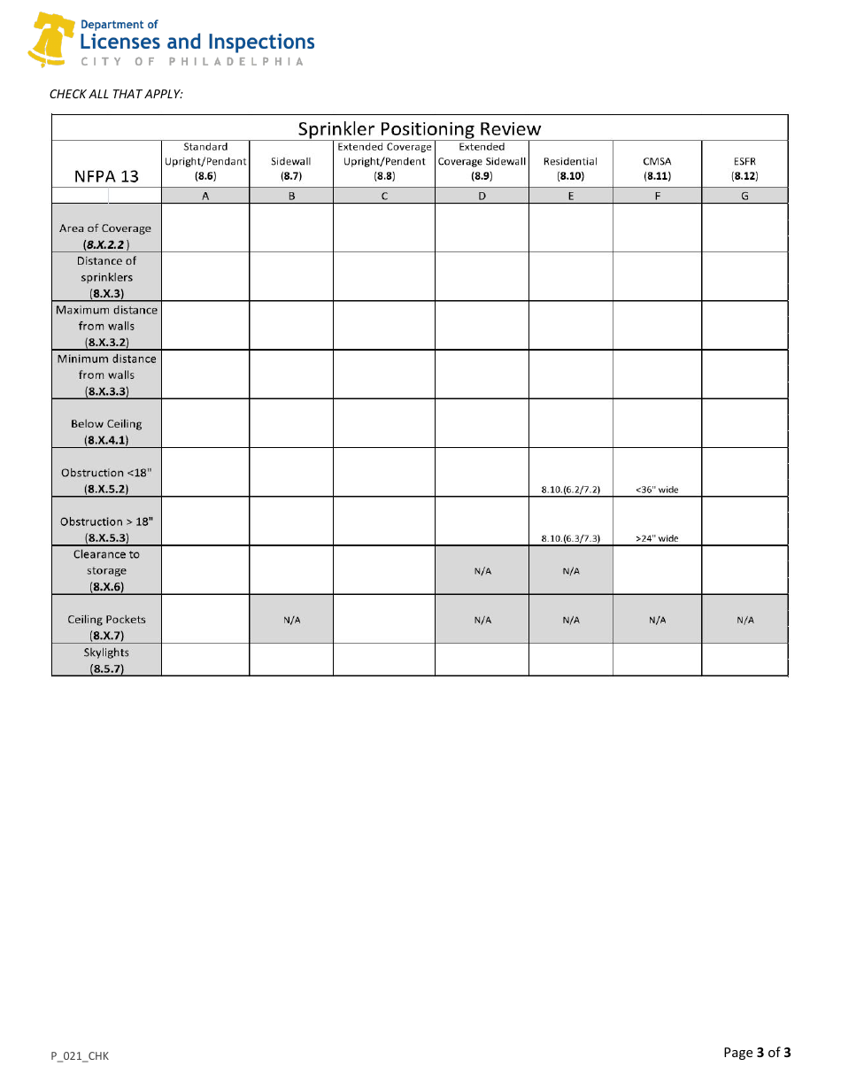 Form P_021_CHK NFPA 13 Sprinkler System Plan Review Checklist - City of Philadelphia, Pennsylvania, Page 3
