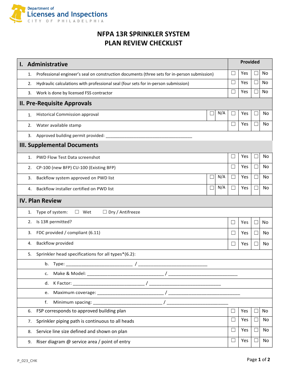 Form P_023_CHK NFPA 13r Sprinkler System Plan Review Checklist - City of Philadelphia, Pennsylvania, Page 1