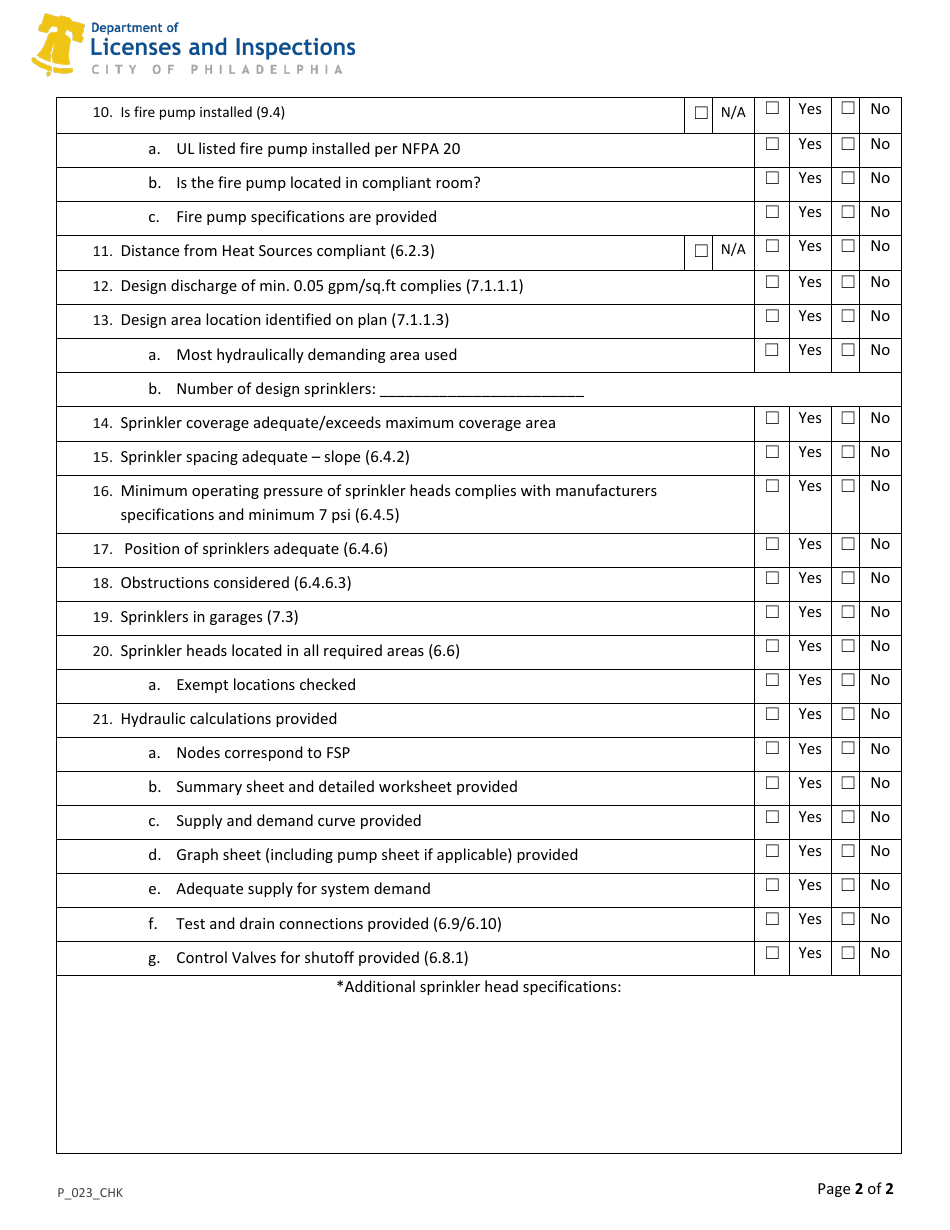 Form P_023_CHK NFPA 13r Sprinkler System Plan Review Checklist - City of Philadelphia, Pennsylvania, Page 2