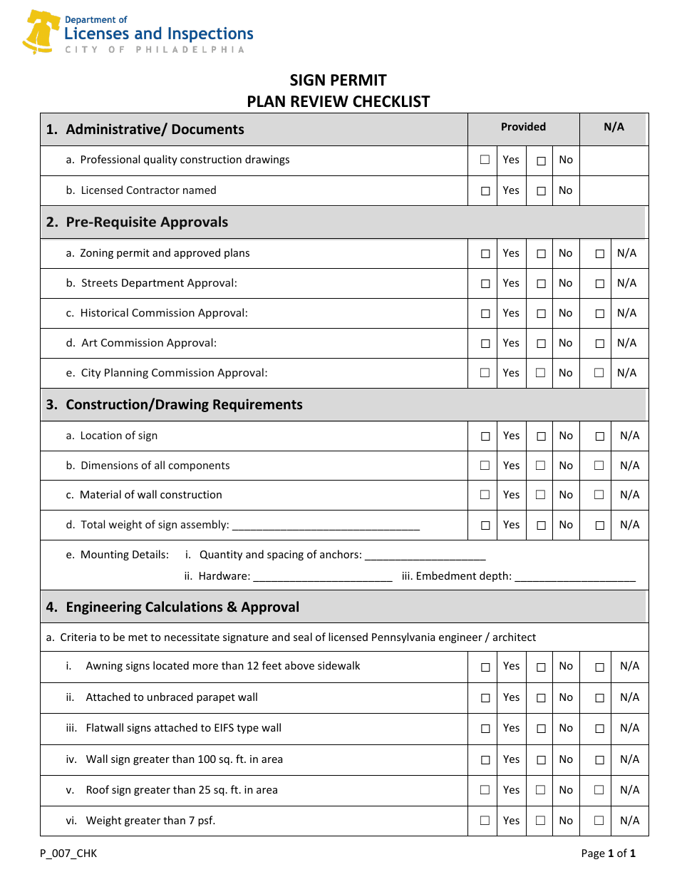 Form P_007_CHK Sign Permit Plan Review Checklist - City of Philadelphia, Pennsylvania, Page 1