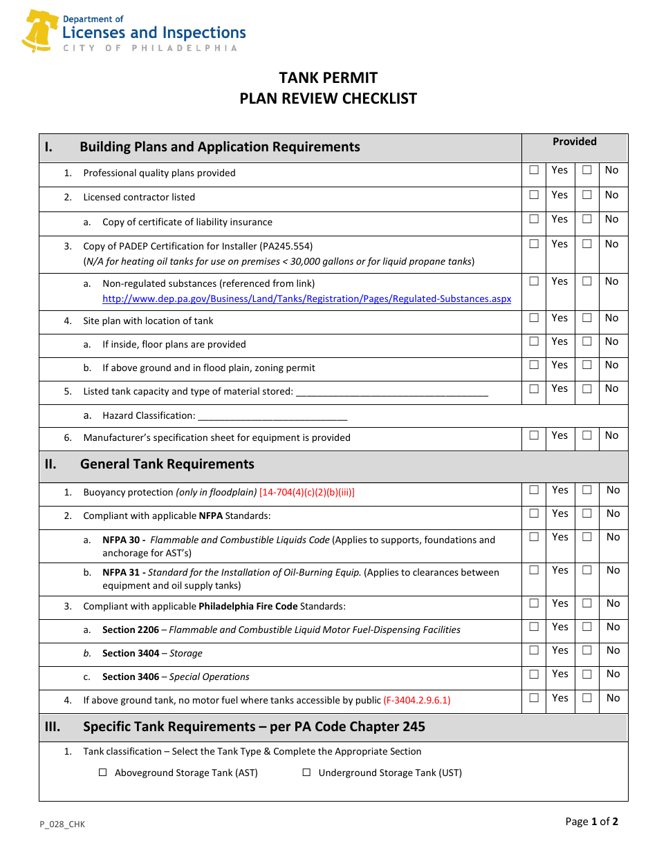 Form P_028_CHK Tank Permit Plan Review Checklist - City of Philadelphia, Pennsylvania, Page 1