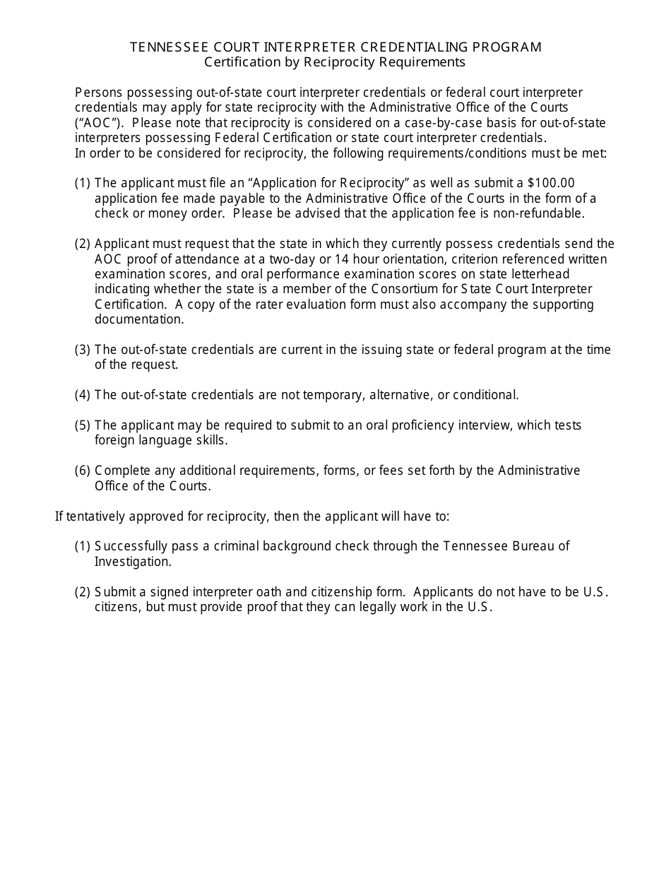 Application for Reciprocity - Tennessee Court Interpreter Credentialing Program - Tennessee, Page 1