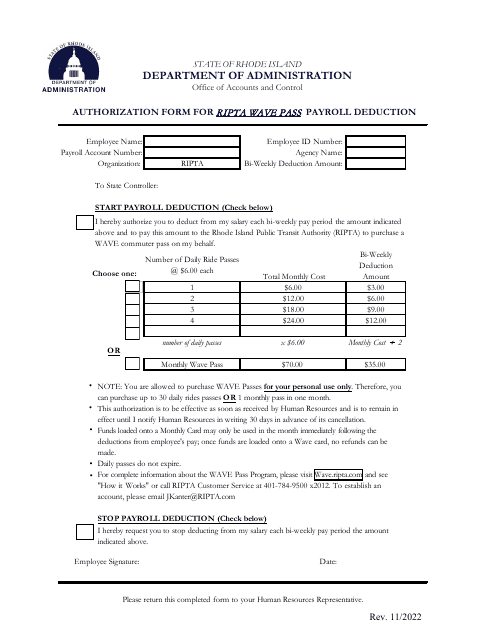 Authorization Form for Ripta Wave Pass Payroll Deduction - Rhode Island Download Pdf