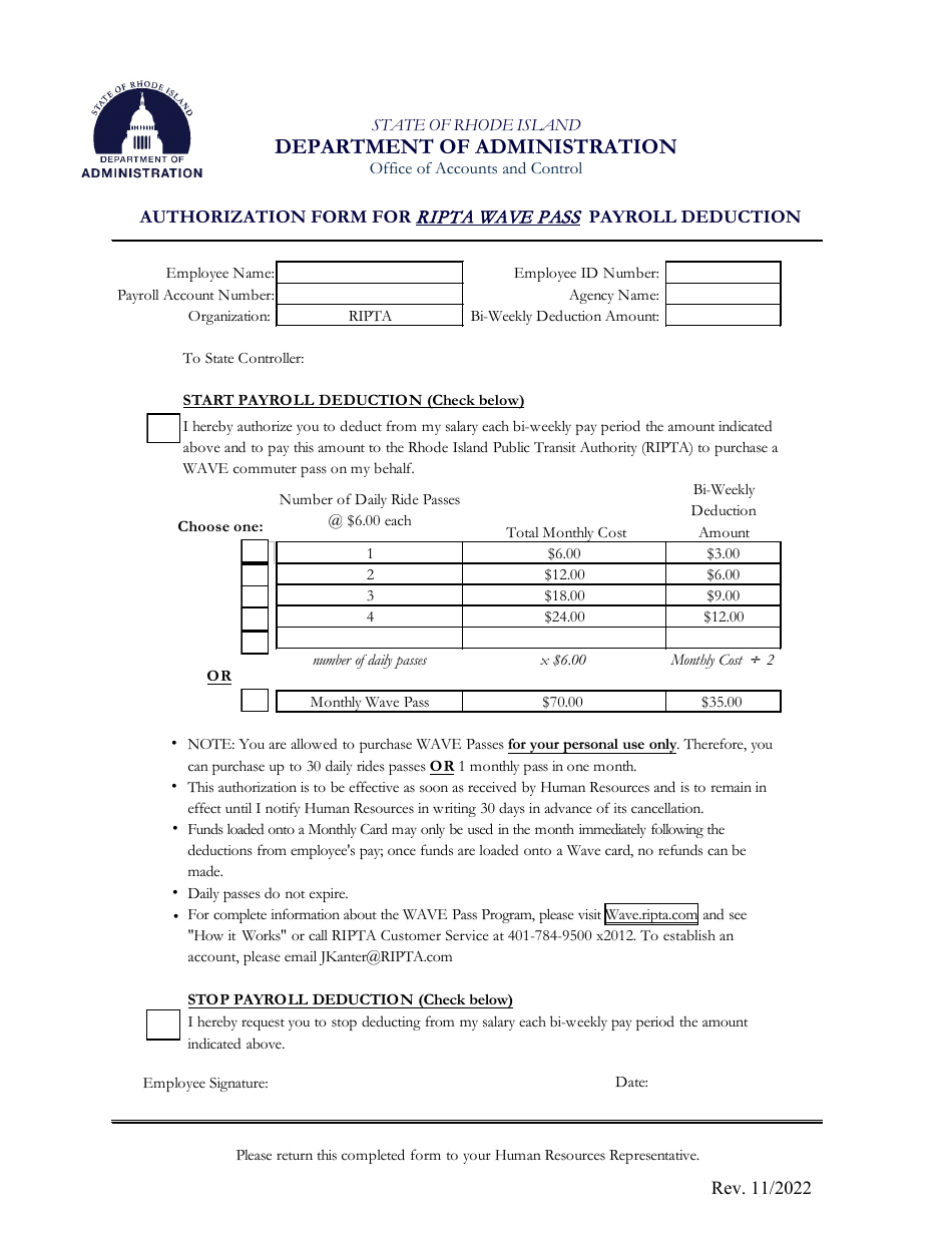 Authorization Form for Ripta Wave Pass Payroll Deduction - Rhode Island, Page 1