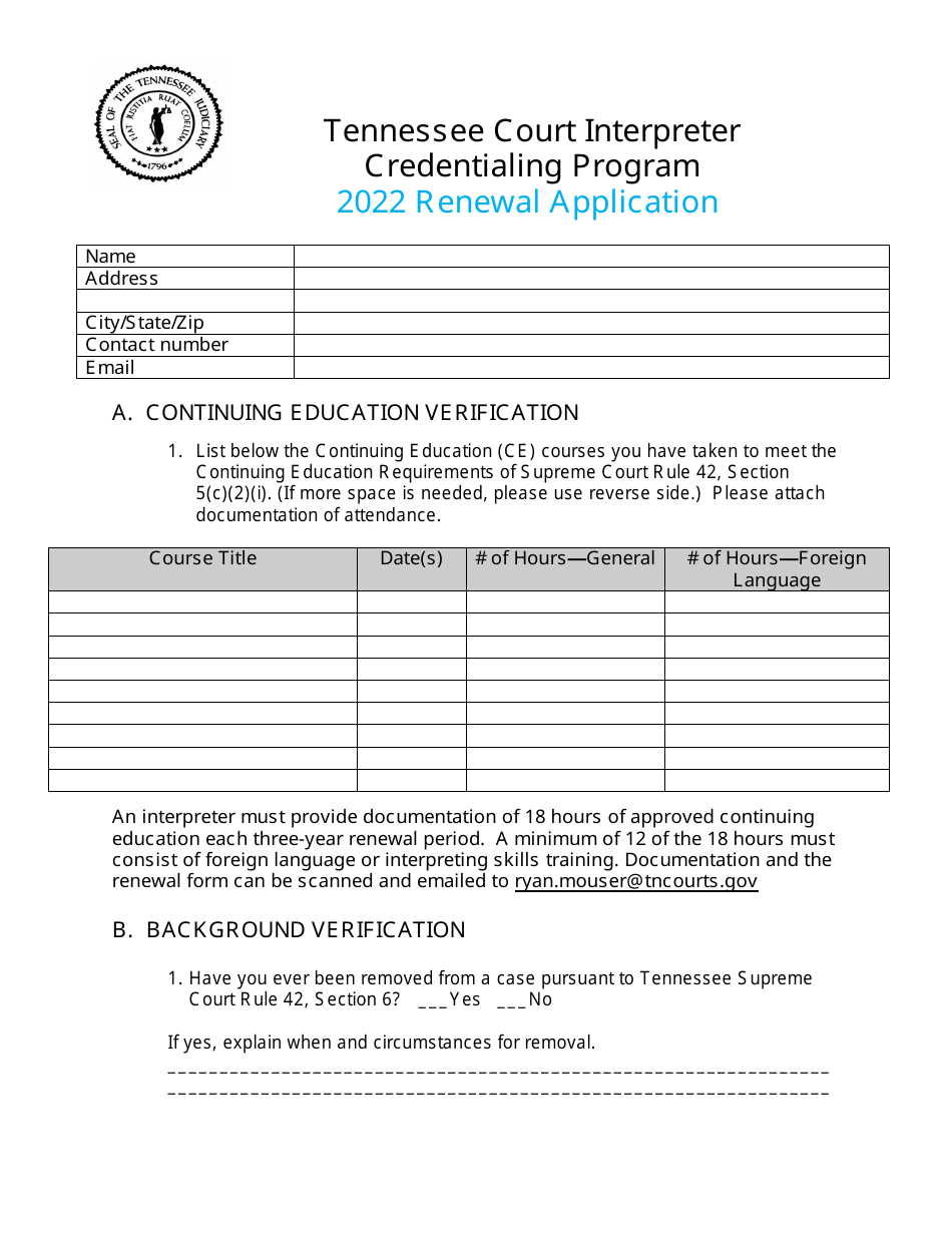 Tennessee Court Interpreter Credentialing Program Renewal Application - Tennessee, Page 1