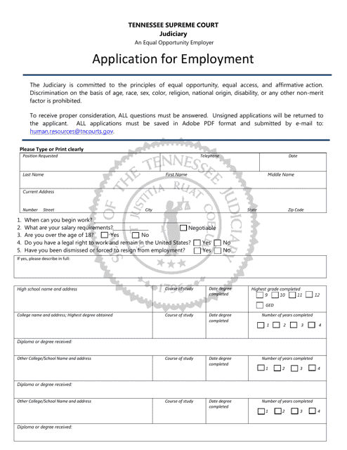 Application for Employment - Tennessee Download Pdf