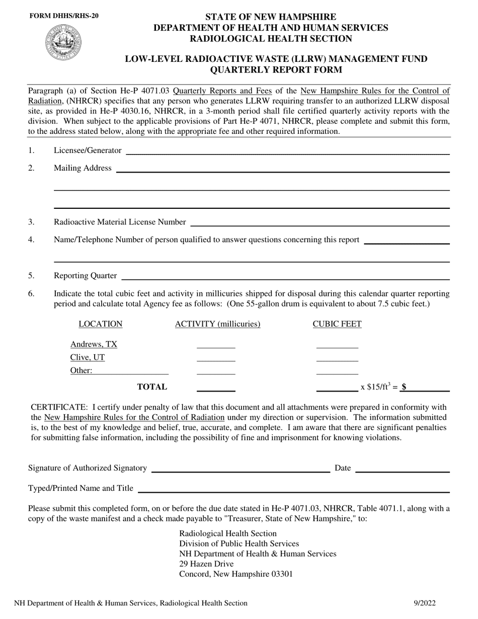 Form DHHS / RHS-20 Low-Level Radioactive Waste (Llrw) Management Fund Quarterly Report Form - New Hampshire, Page 1