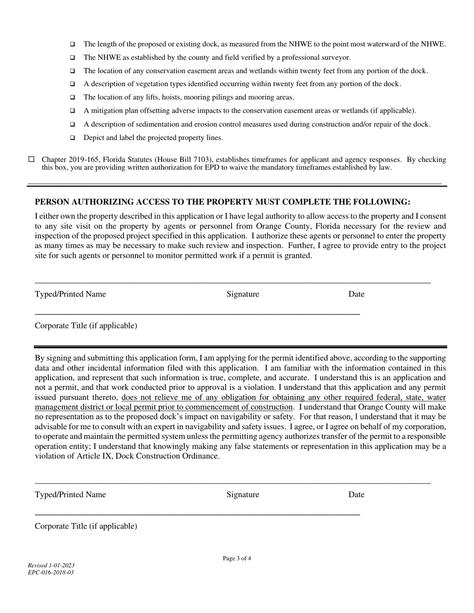 Application to Construct a Dock - Orange County, Florida, Page 3
