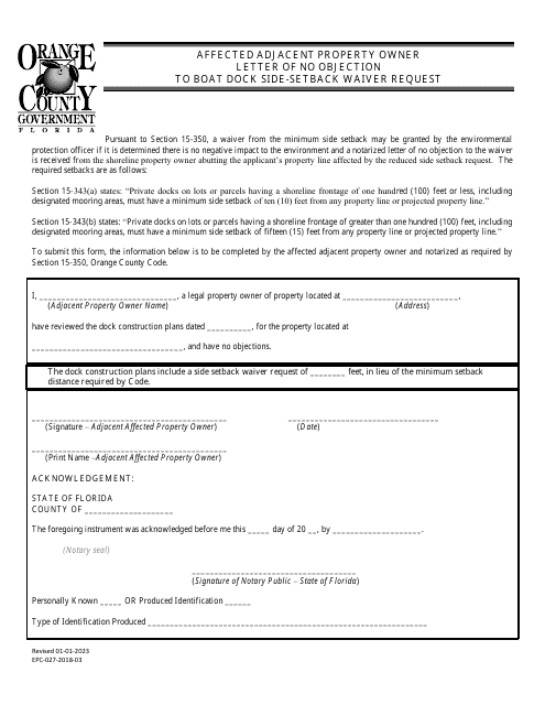 Form EPC-027 Affected Adjacent Property Owner Letter of No Objection to Boat Dock Side-Setback Waiver Request - Orange County, Florida