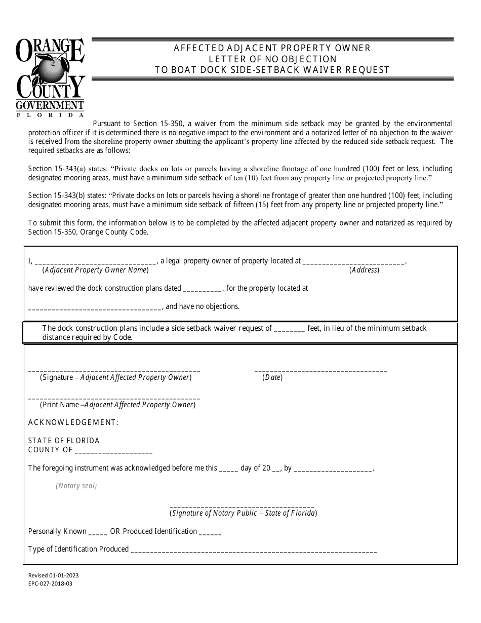 Form EPC-027 Affected Adjacent Property Owner Letter of No Objection to Boat Dock Side-Setback Waiver Request - Orange County, Florida, Page 1