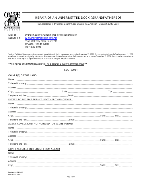 Form EPC-023 Repair of an Unpermitted Dock (Grandfathered) - Orange County, Florida