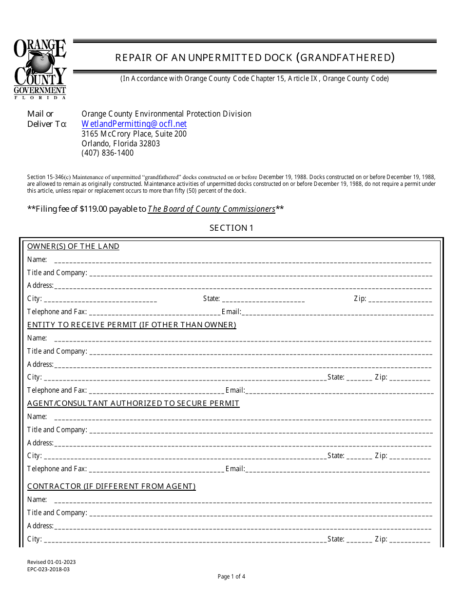 Form EPC-023 Repair of an Unpermitted Dock (Grandfathered) - Orange County, Florida, Page 1