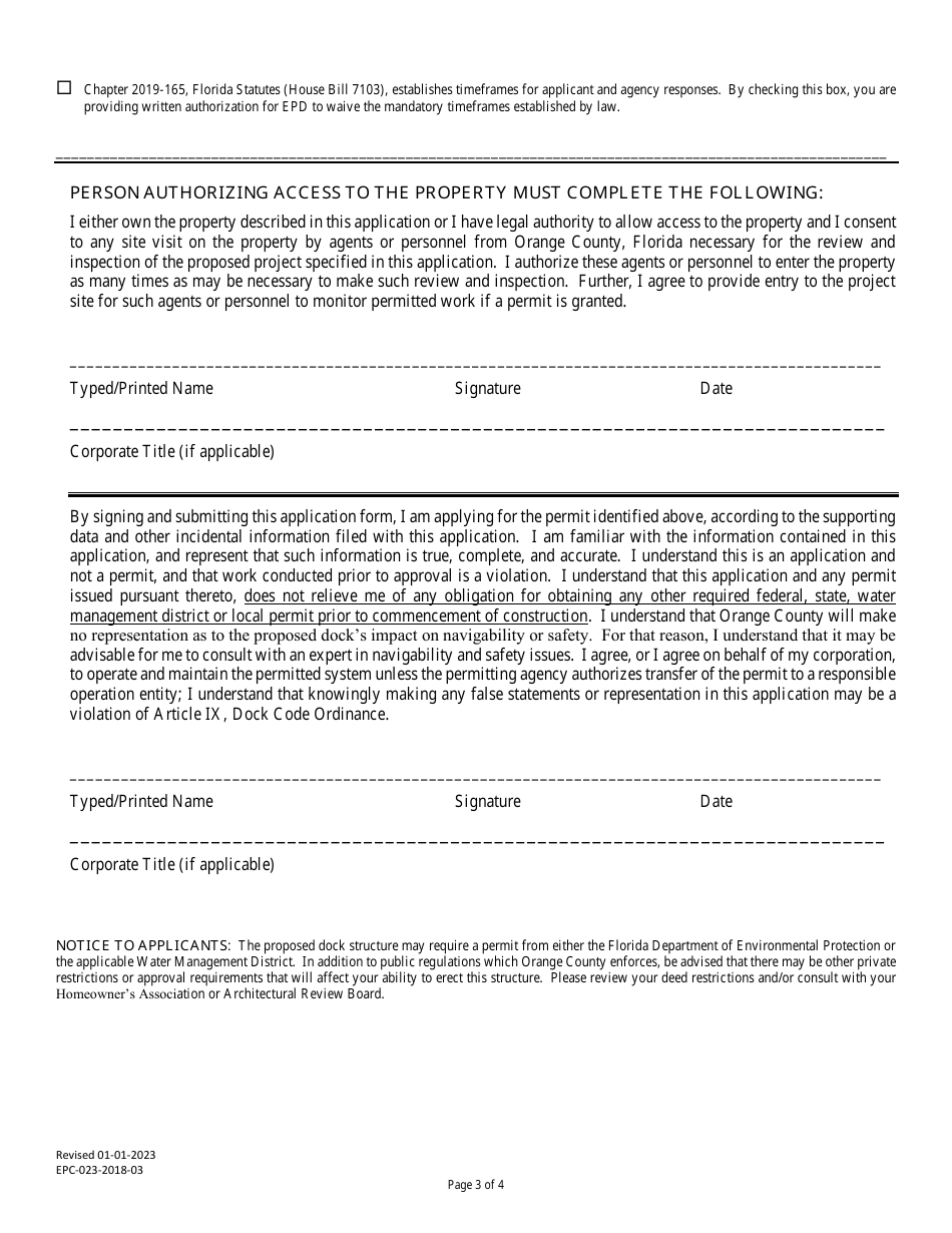 Form EPC-023 Repair of an Unpermitted Dock (Grandfathered) - Orange County, Florida, Page 3