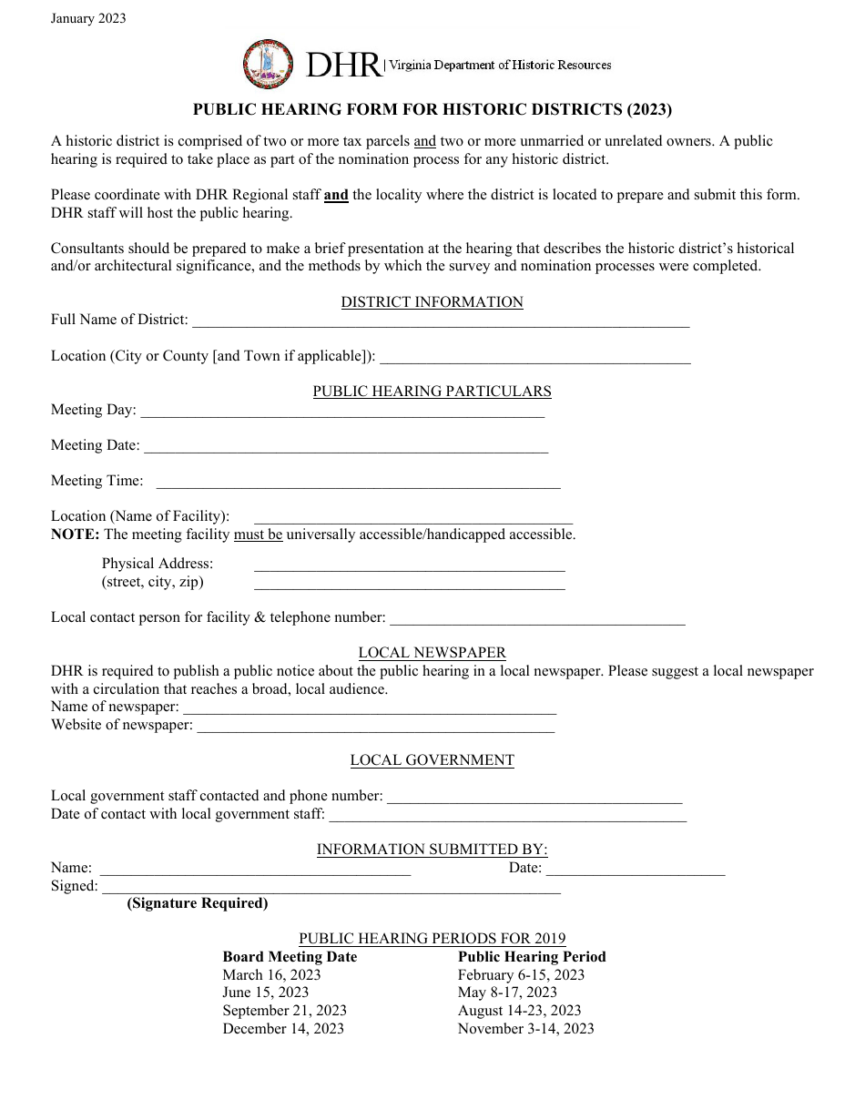 Public Hearing Form for Historic Districts - Virginia, Page 1