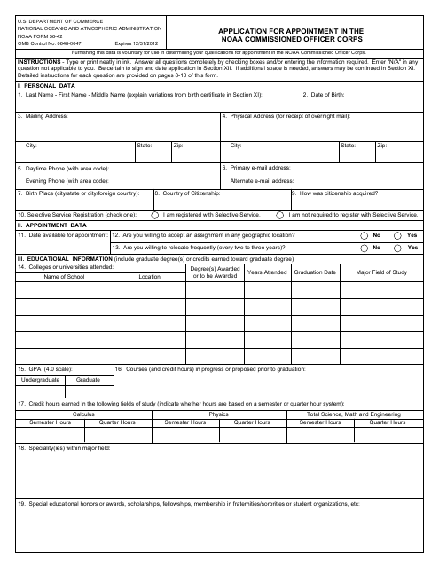 NOAA Form 56-42 Application for Appointment in the Noaa Commissioned Officer