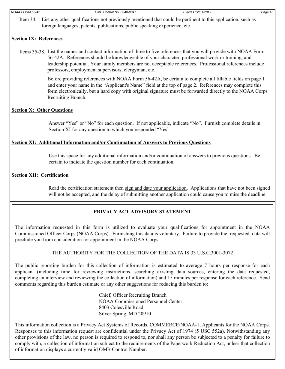 NOAA Form 56-42 Application for Appointment in the Noaa Commissioned Officer, Page 10