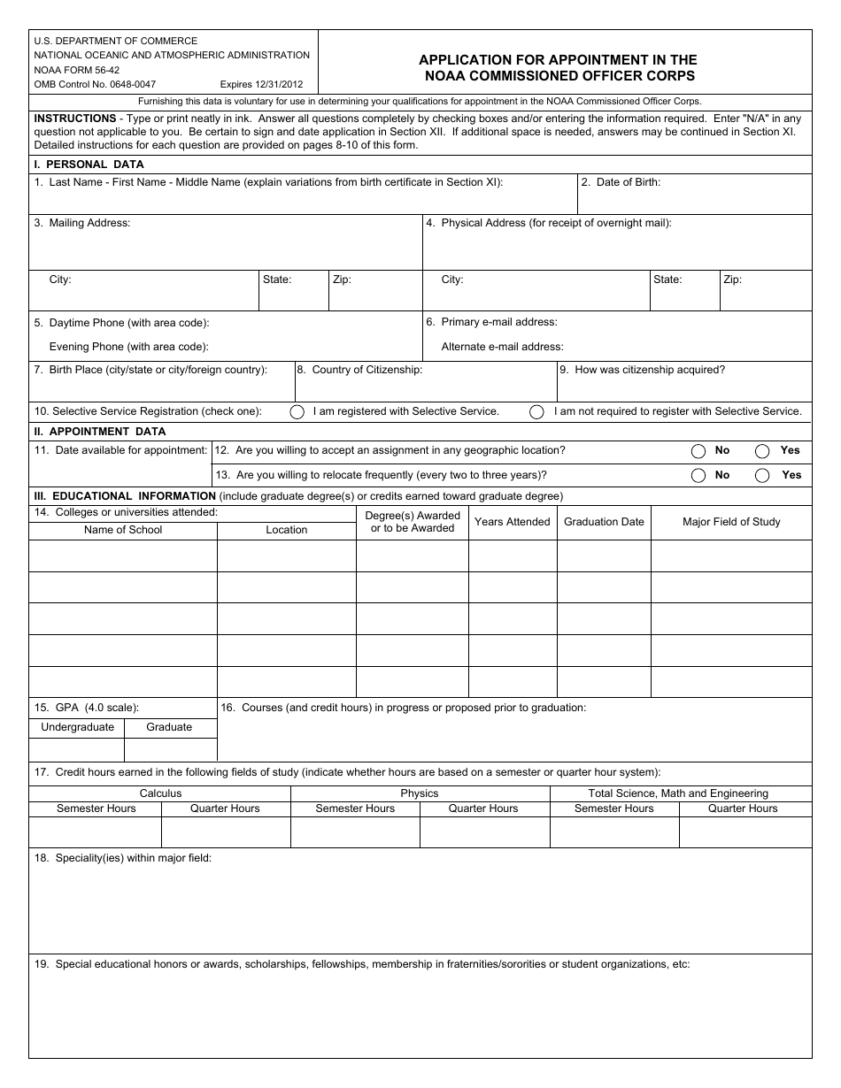 NOAA Form 56-42 Application for Appointment in the Noaa Commissioned Officer, Page 1