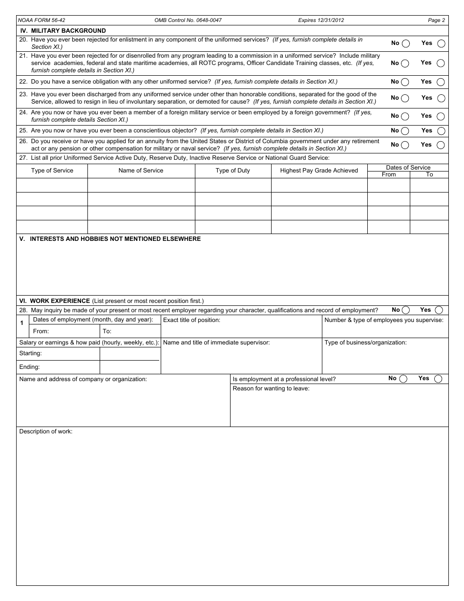 NOAA Form 56-42 Application for Appointment in the Noaa Commissioned Officer, Page 2