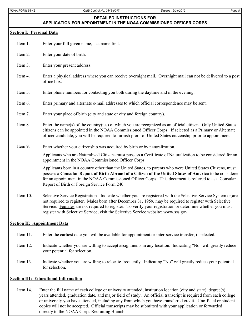 NOAA Form 56-42 Application for Appointment in the Noaa Commissioned Officer, Page 8