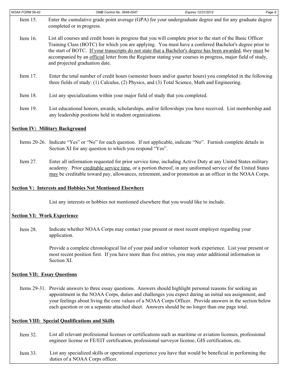 NOAA Form 56-42 Application for Appointment in the Noaa Commissioned Officer, Page 9