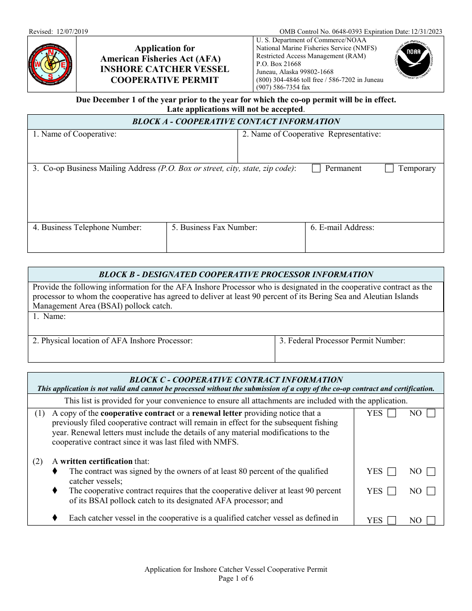 Application for Inshore Catcher Vessel Cooperative Permit, Page 1