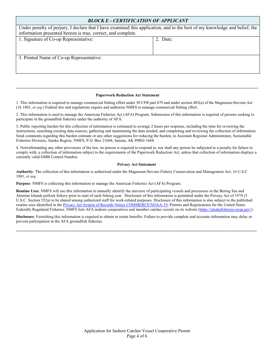 Application for Inshore Catcher Vessel Cooperative Permit, Page 4
